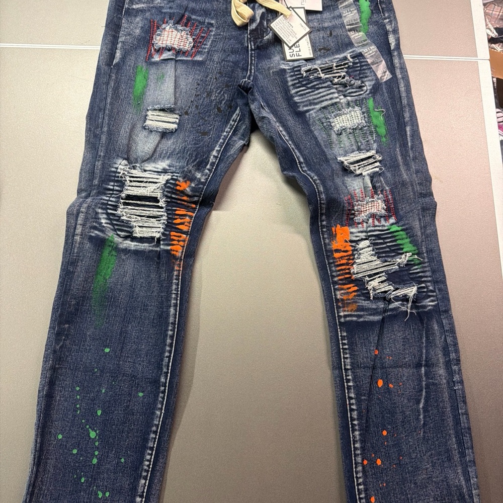 Rue21 Men's Premium Blue Moto Skinny Stretch Ripped Denim Jeans 26x30 Brand New
